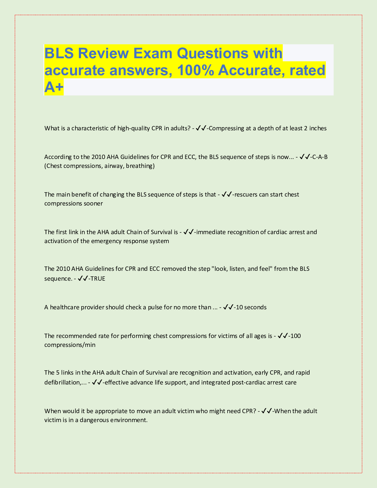 Preview image for BLS Review Exam Questions with  accurate answers, 100% Accurate, rated  A+